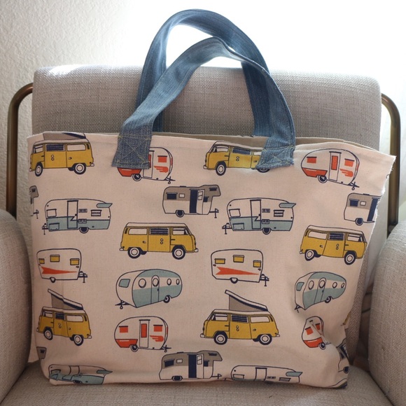 Handmade Canvas Tote Bag with Camper Print and Denim Pocket - Picture 2 of 7